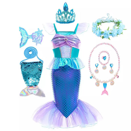 Meninas escala roxa princesa sereia ariel cosplay vestido de halloween vestido de festa de aniversário meninas verão praia vestido de férias