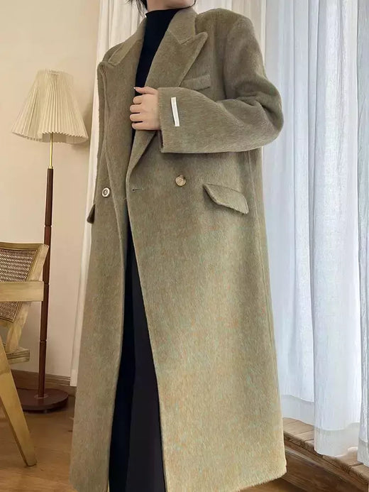 Casaco de alpaca de lã feminino, jaquetas de lã, trespassado duplo, gola de terno, solto, Casacos longos, senhora do escritório, outono, inverno, 2022