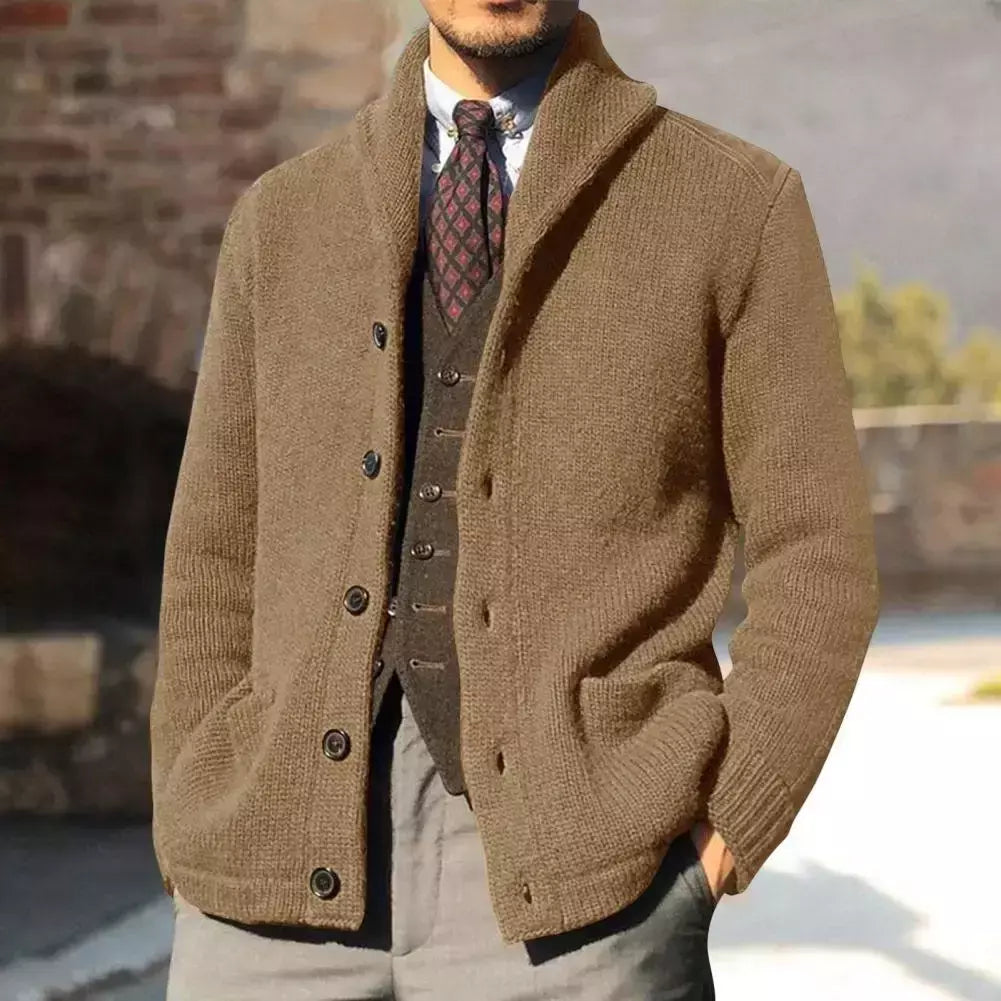 Homens casaco de malha lapela manga comprida bolsos engrossados cardigan camisola masculina outono botões sólidos placket casaco de malha para o trabalho
