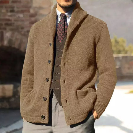Homens casaco de malha lapela manga comprida bolsos engrossados cardigan camisola masculina outono botões sólidos placket casaco de malha para o trabalho