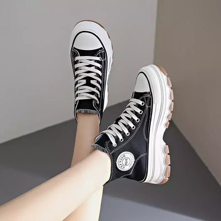 Tênis casual de cano alto para mulheres, com cordões, lona de altura da plataforma, antiderrapante, resistente ao desgaste, sapatos femininos vulcanizados, primavera, 2024