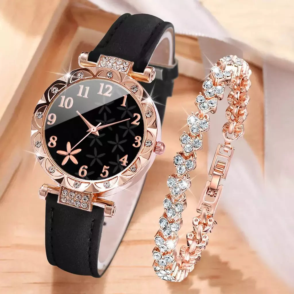 Conjunto de braceletes de coração strass feminino, relógio de pulso quartzo feminino, mostrador flor, pulseira de couro, 2 peças por conjunto