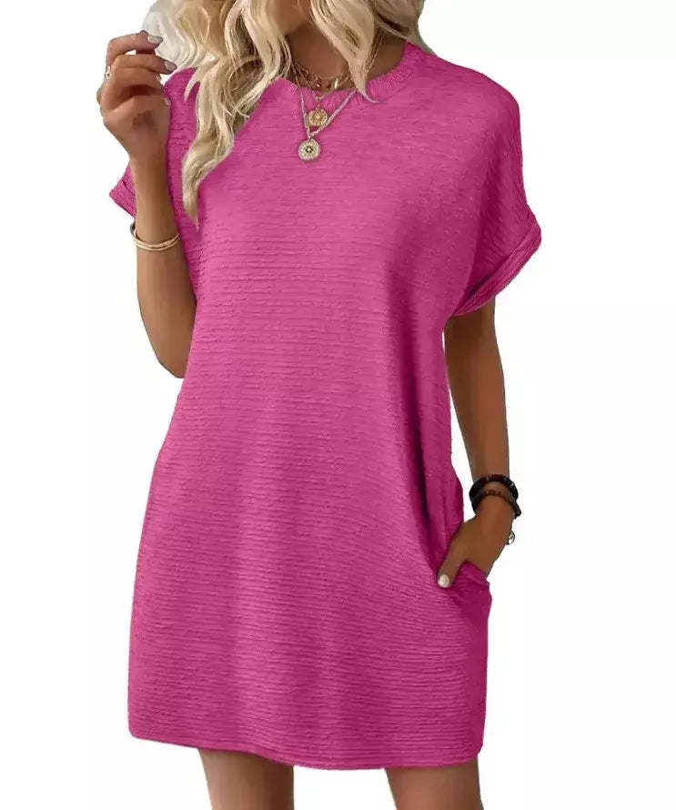 2026 robe femmes soiree manga curta em torno do pescoço mini vestido de cor sólida das mulheres bolso novo solto escritório deslocamento versátil vestido