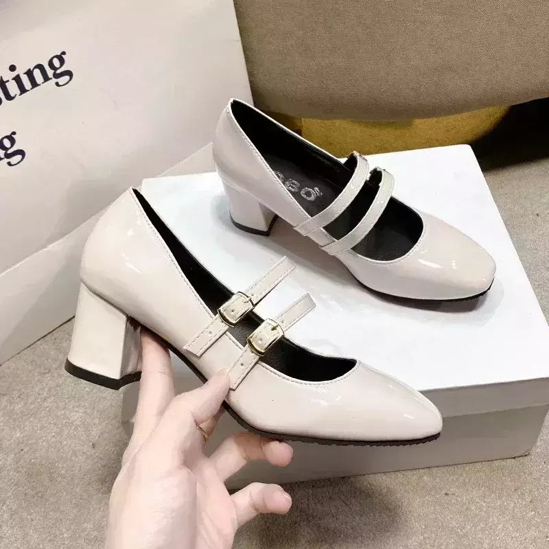 Sapatos Mary Janes de fivela dupla feminina, couro envernizado, cabeça quadrada, salto quadrado, cor sólida, primavera, outono, 2022