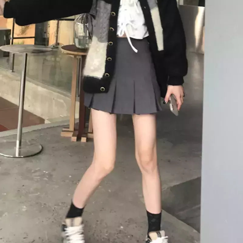 ZOKI-Mini saia plissada cinza vintage feminina, saias de cintura alta, moda coreana, uniforme escolar, streetwear de Harajuku, Kawaii, primavera