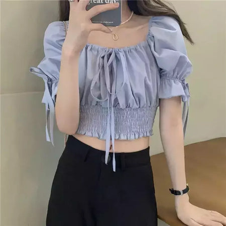 ZHUANQING-Top feminino sexy, monocromático, design de bandagem retrô, moda popular, estilo coreano, elegante feminino na faculdade, verão, novo