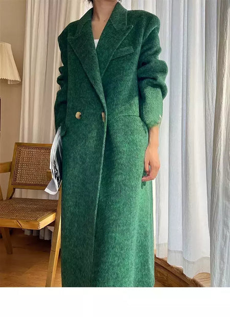 Casaco de alpaca de lã feminino, jaquetas de lã, trespassado duplo, gola de terno, solto, Casacos longos, senhora do escritório, outono, inverno, 2022