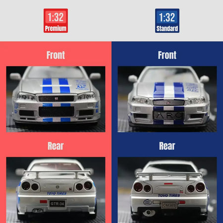 1/32 nissan skyline gtr r34 jdm modelo de carro de brinquedo diecast veículo em miniatura som & luz puxar para trás coleção presente crianças menino