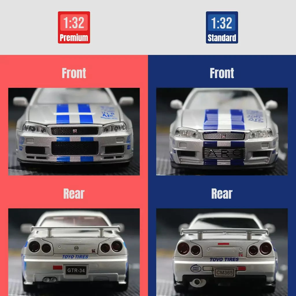 1/32 nissan skyline gtr r34 jdm modelo de carro de brinquedo diecast veículo em miniatura som & luz puxar para trás coleção presente crianças menino