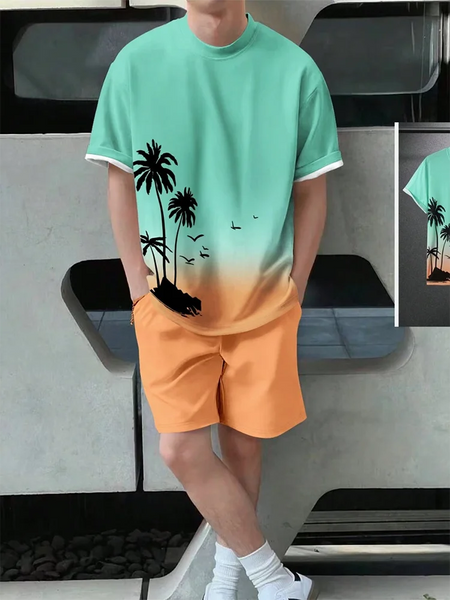 Camiseta de praia havaiana masculina, conjunto de 2 peças, manga curta, estampa palmeira, decote em O, moda exterior, casual, verão