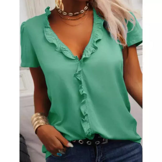Camisa solta azul clara para mulheres, camisa babada monocromática, blusa de manga curta, pulôver elegante, blusa senhora do escritório, verão 2022