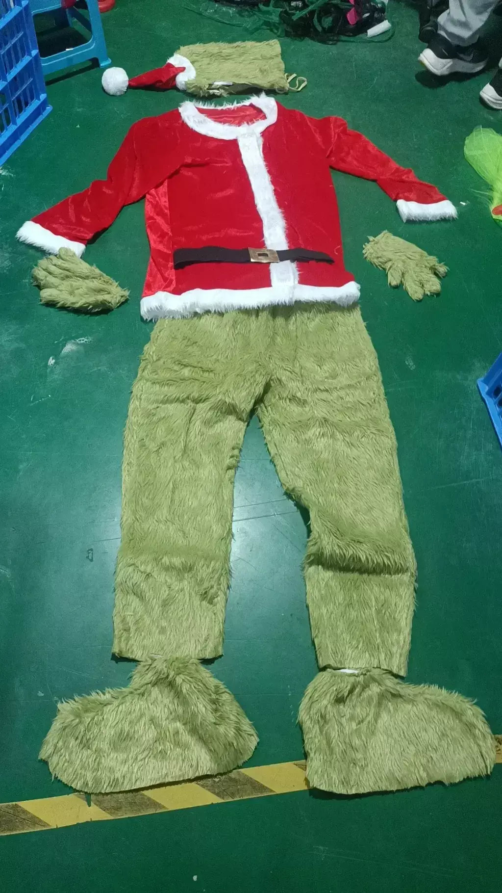 Venda quente da temporada halloween verde grinch cosplay traje papai noel com calças de pele conjunto jogar traje em massa monstro verde gri