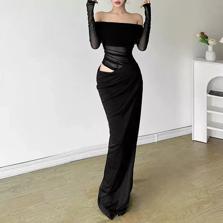Oco sexy vestido longo feminino um ombro malha transparente festa noite vestido de malha verão moda cor sólida maxi vestidos