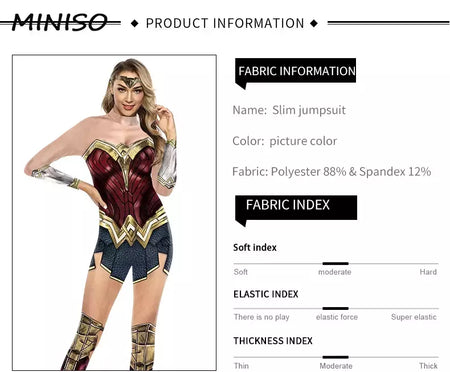 Miniso cosplay filme mulher maravilha traje festa de halloween impressão sexy macacão desempenho palco zentai bodysuit roupas femininas