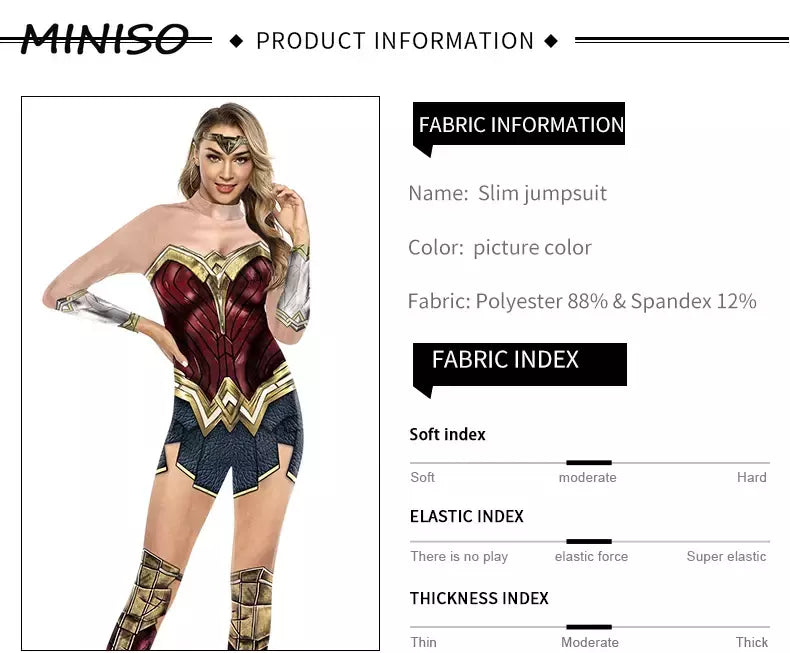 Miniso cosplay filme mulher maravilha traje festa de halloween impressão sexy macacão desempenho palco zentai bodysuit roupas femininas