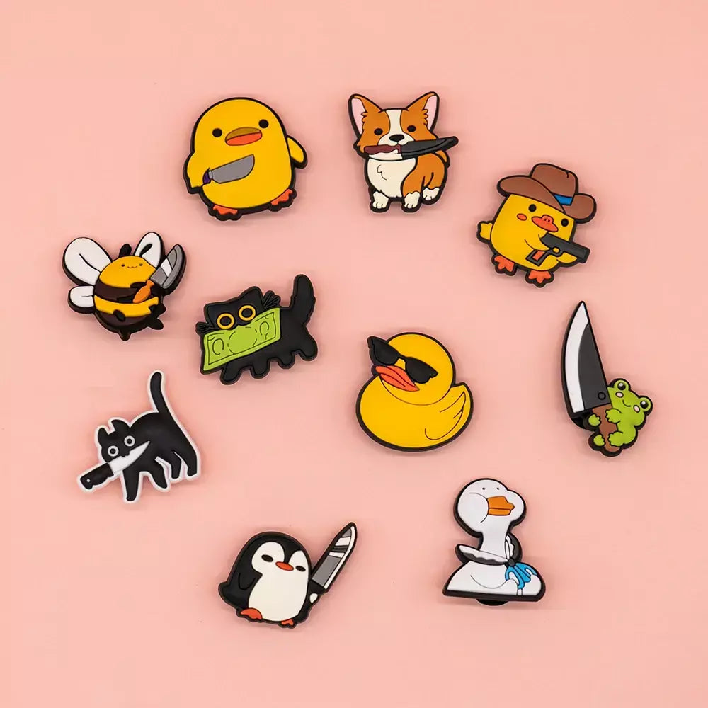1/10 pçs animais dos desenhos animados sapato encantos patos pinguins gatos sapato decorações acessórios sapos cães pinos para mulheres crianças tamancos fivelas