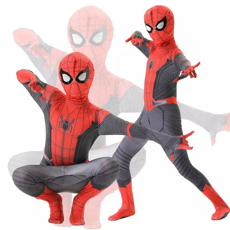 Crianças super-herói bodysuit milhas cosplay peter parker traje dos desenhos animados halloween conjunto com capuz traje de férias macacão com capuz separado