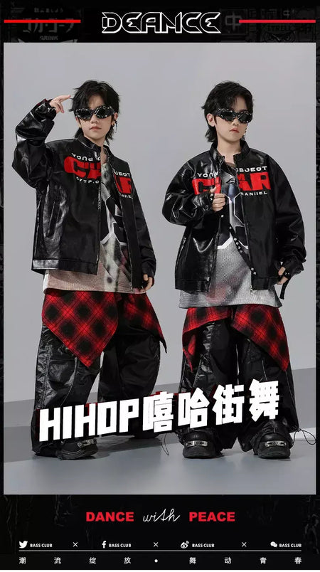 Meninos hio hop letras jaqueta de couro dança de rua calças de carga soltas meninas k-pop streetwear crianças conjunto de roupas jazz traje