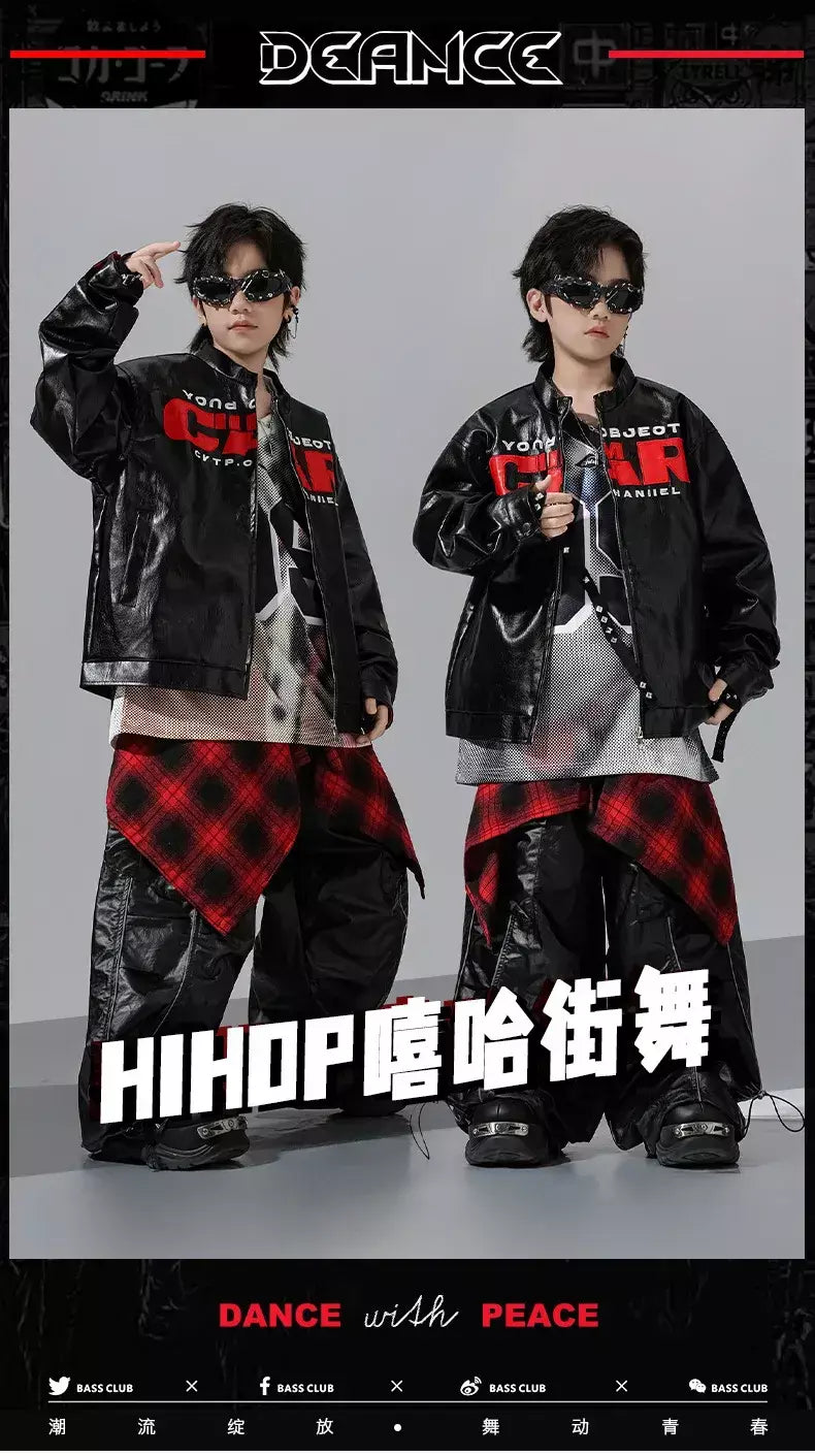 Meninos hio hop letras jaqueta de couro dança de rua calças de carga soltas meninas k-pop streetwear crianças conjunto de roupas jazz traje