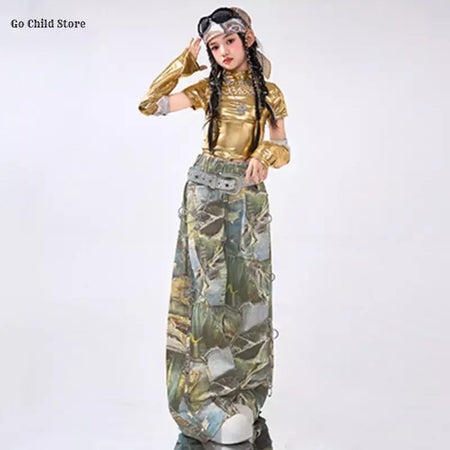 Girls Hip Hop Shiny Golden Crop Top Patchwork Jeans Pants Kids Streetwear Child Jazz Girl Group Costumes K-pop Retro Clothes Set
