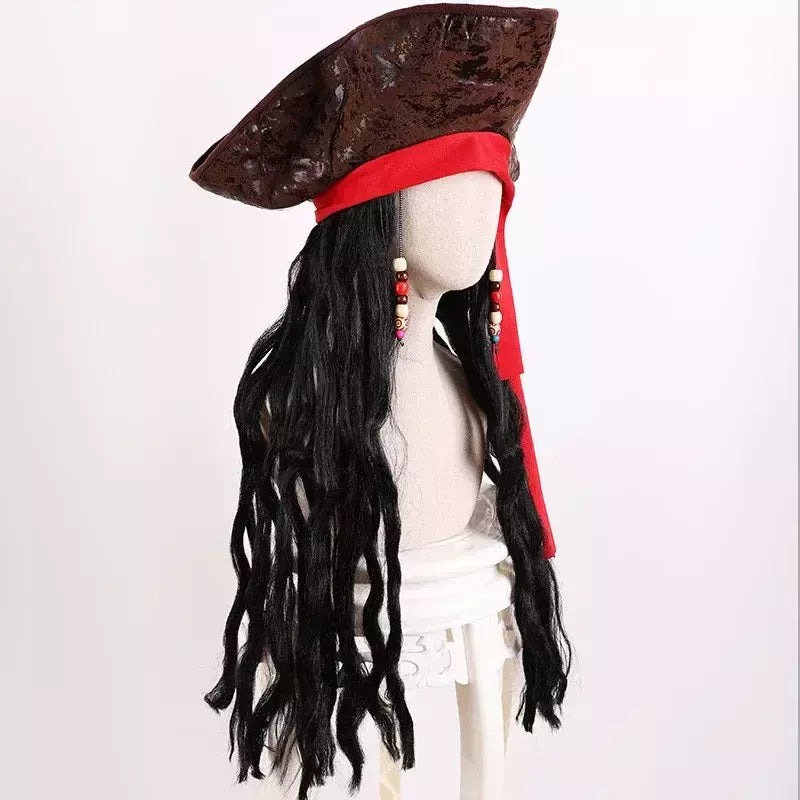 Adulto masculino caribe pirata chapéu peruca halloween palco desempenho pirata capitão traje peruca acessórios de festa jack sparrow peruca