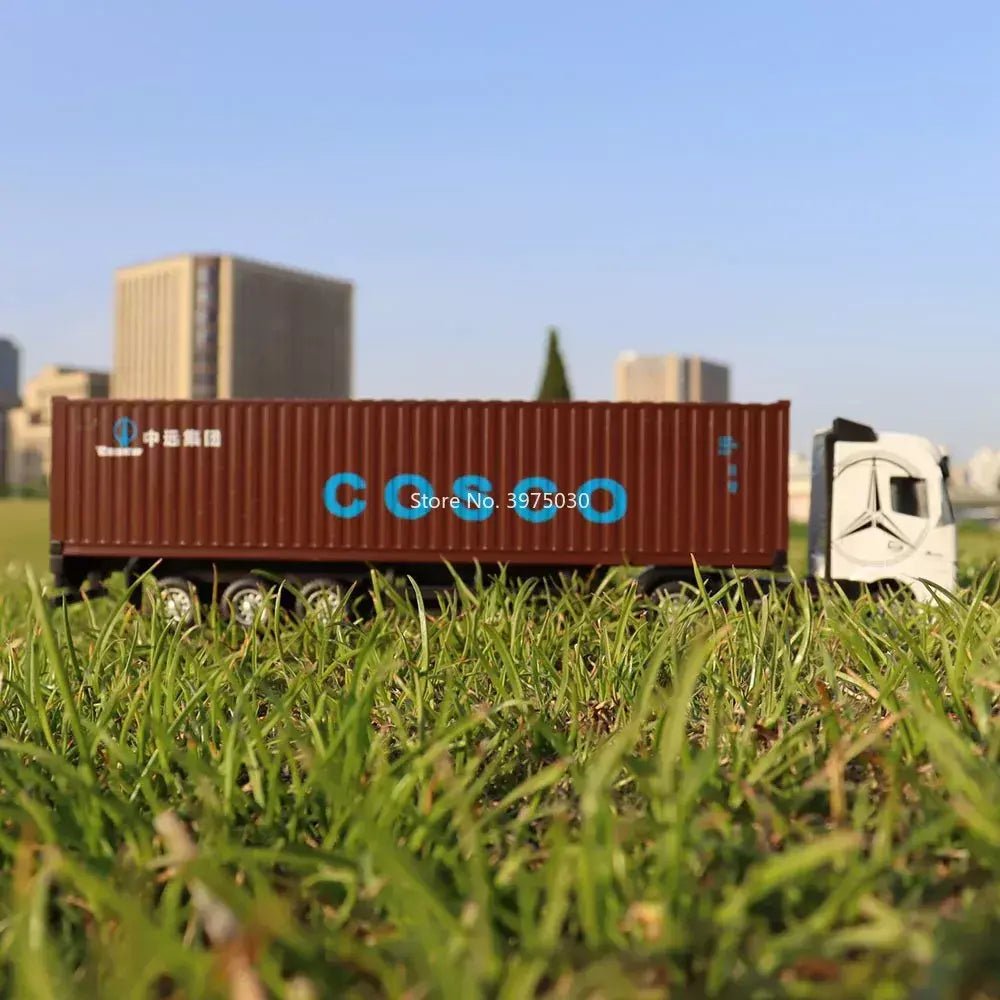 1:50 caminhão contêiner carros de brinquedo modelo fundido pneus de borracha veículo puxar para trás luz música carro em miniatura meninos presentes do festival