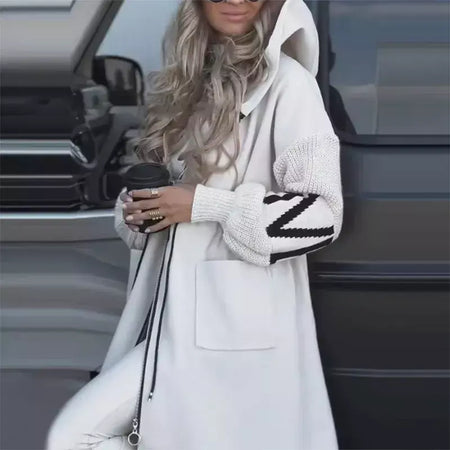 Casual longo retalhos casacos de malha feminino casual hoodies rendas até bolsos jaquetas femininas 2024 outono inverno nova senhora outerwears