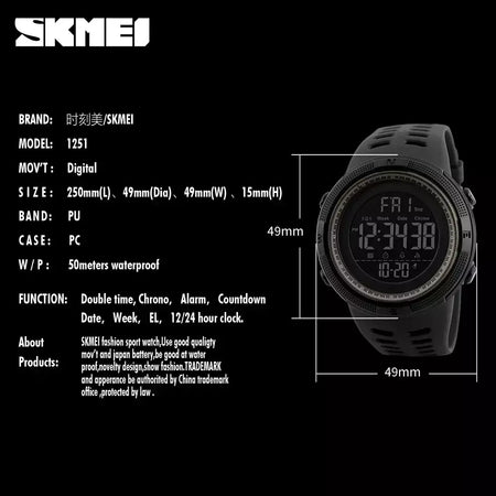 Skmei 1251 relógio digital à prova d'água para homens, relógio de pulso eletrônico esportivo com contagem regressiva, relógio militar led 1560 reloj hombre