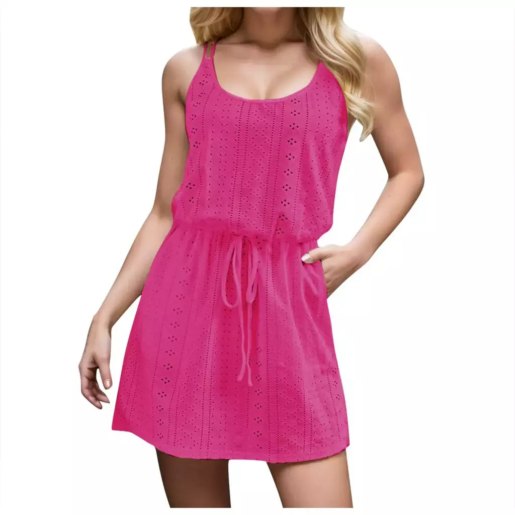 Vestido de praia feminino com cordão de cintura alta, roupa de banho, moda verão, sem mangas, biquíni monocromático