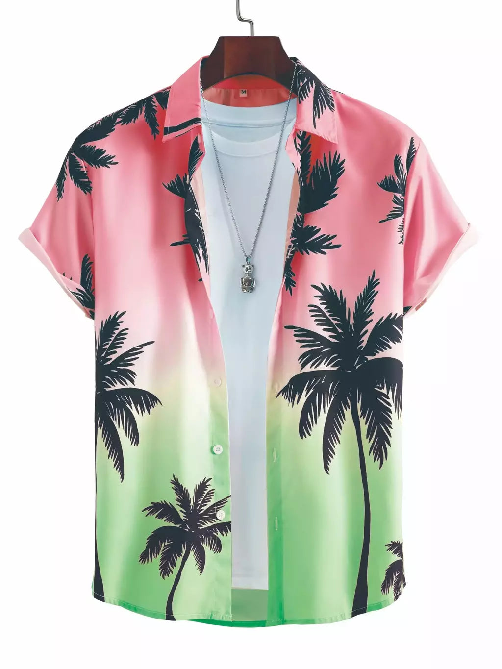 Camisa de lapela masculina de manga curta, estilo havaiano, padrão tropical de coqueiro, tops grandes, férias de verão