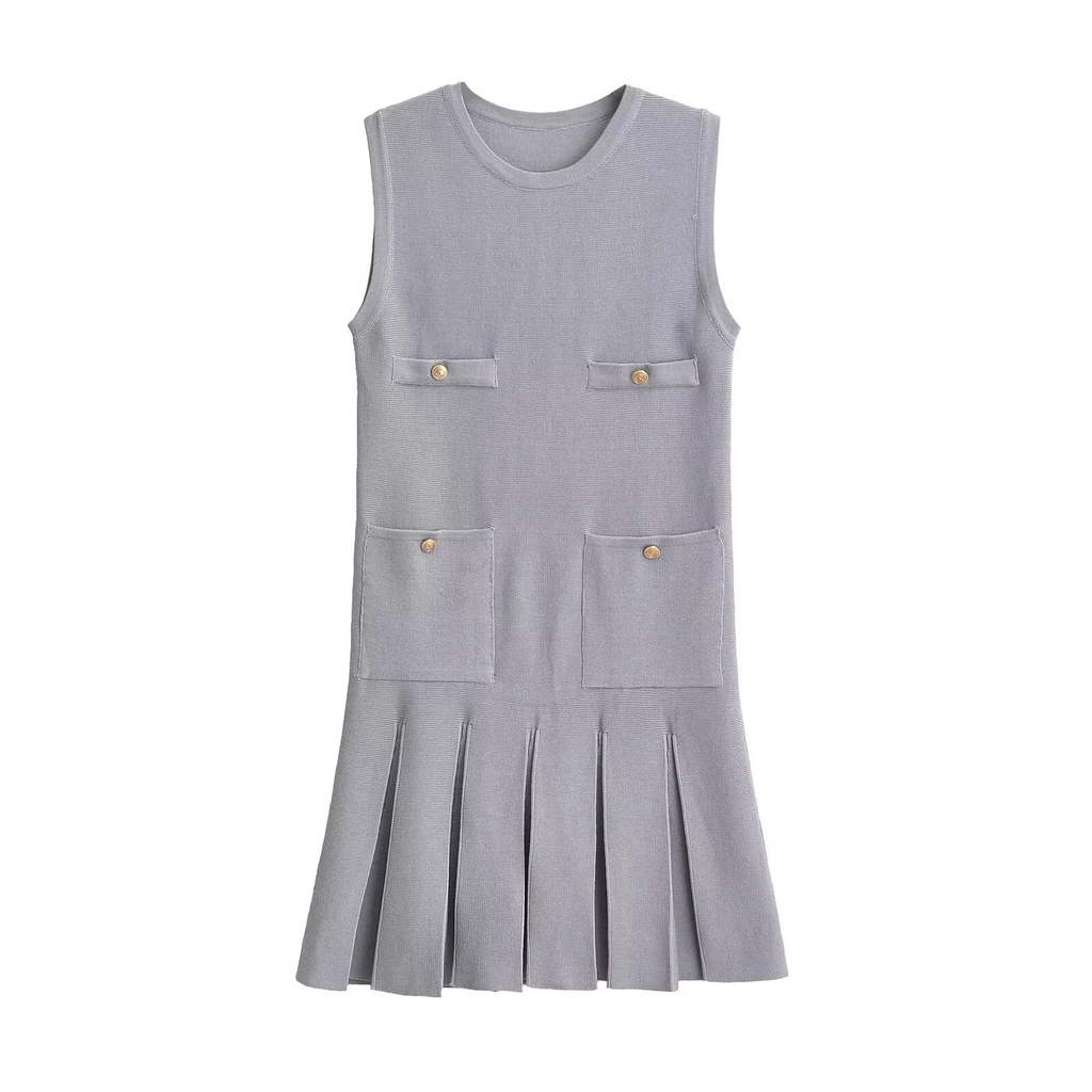 Mini vestido de bolso feminino sem mangas com o pescoço, malha, elegante vestido de botão, fino Lady Fashion, verão, fêmea, 2024