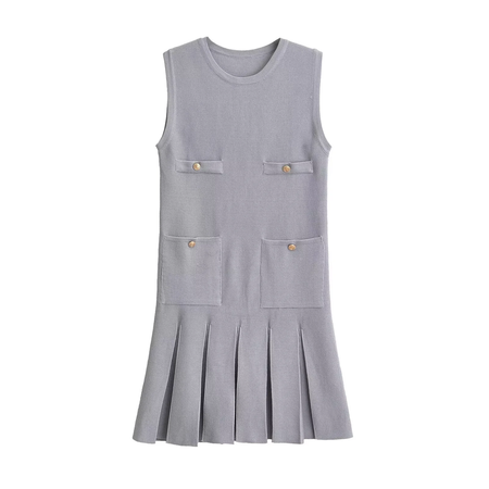 Mini vestido de bolso feminino sem mangas com o pescoço, malha, elegante vestido de botão, fino Lady Fashion, verão, fêmea, 2024