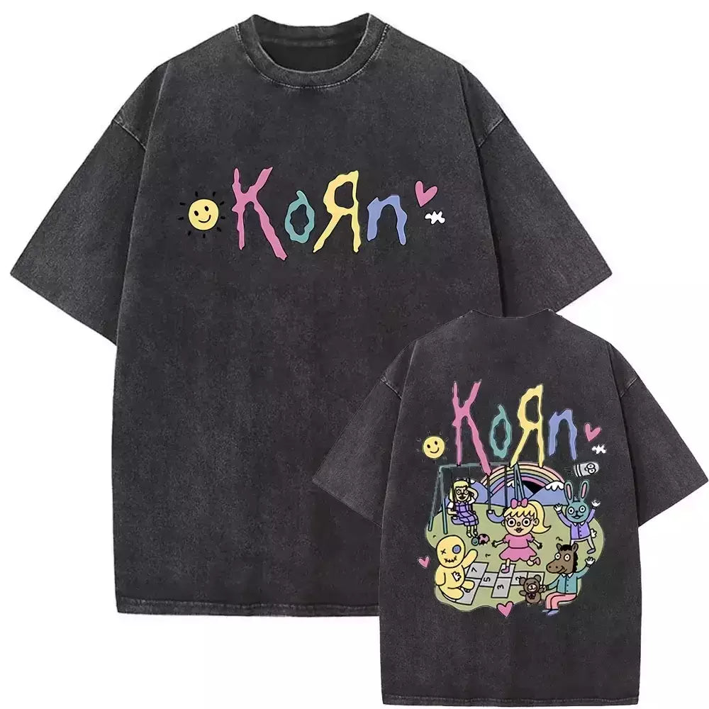 Camisetas com estampa de esqueleto masculinas, banda de rock vintage lavada, Korn caindo longe de mim, camiseta gótica, camiseta masculina extragrande, moda
