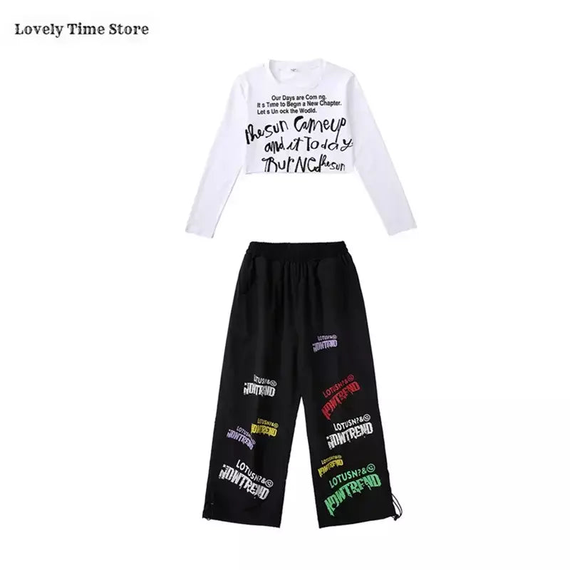 Meninas hip hop letras colheita topo graffiti joggers calças crianças k-pop roupas de dança de rua conjunto crianças menina grupo streetwear traje