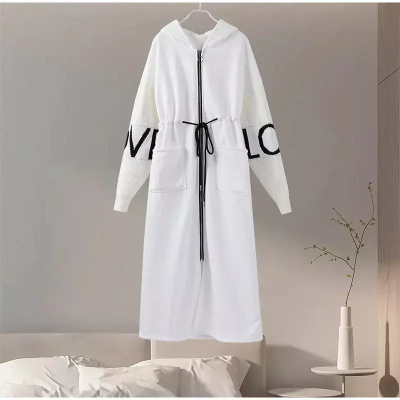 Casual longo retalhos casacos de malha feminino casual hoodies rendas até bolsos jaquetas femininas 2024 outono inverno nova senhora outerwears
