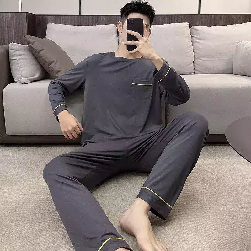 Pijama masculino de malha de algodão, simples Homewear lazer, gola redonda, loungewear sólido, tamanho grande, pulôver esportivo, novo