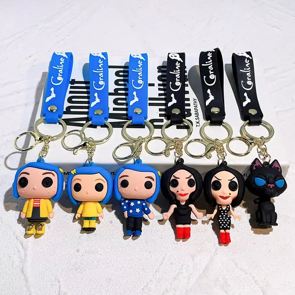 Criativo dos desenhos animados filme de ação coraline figura boneca modelo bonito boneca pvc chaveiro ornamento chaveiro pingente crianças presentes