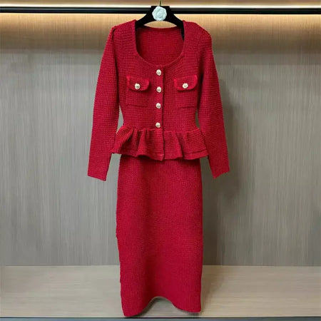 Vestido feminino 2025 primavera novo elástico de malha vestidos longos ombro almofada fino ajuste vestido de manga comprida falso vestidos de festa de duas peças