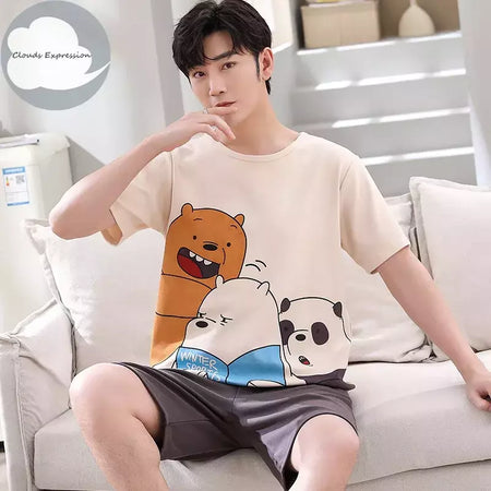 Desenhos animados pato impressão pijama conjuntos para jovens amantes, pijamas de algodão, ternos curtos para casais, moda homewear, verão, 4XL