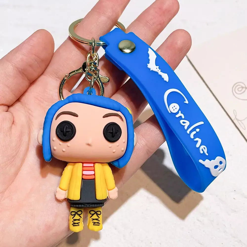 Criativo dos desenhos animados filme de ação coraline figura boneca modelo bonito boneca pvc chaveiro ornamento chaveiro pingente crianças presentes