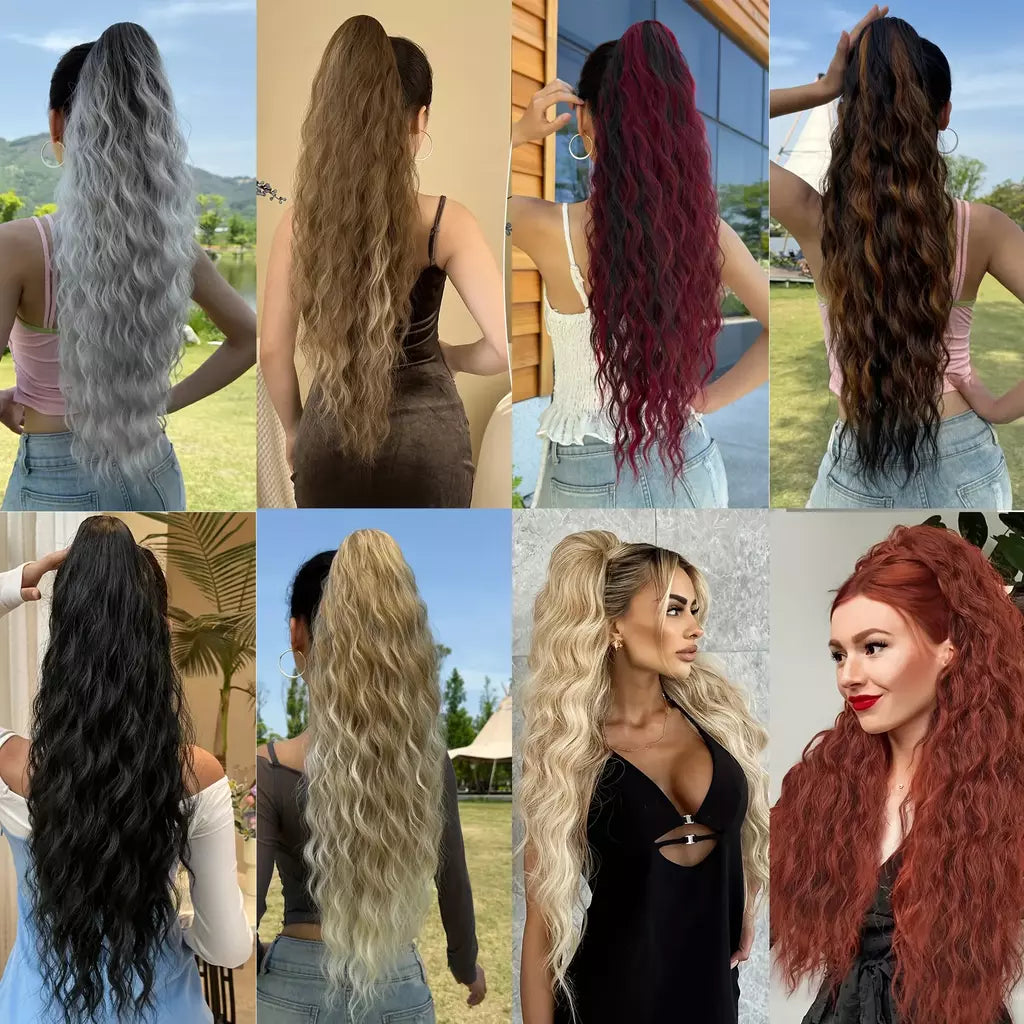 Aoosoo sintético água rabo de cavalo extensão do cabelo clipe no rabo de cavalo da mulher acessórios para o cabelo longo encaracolado peruca natural encaracolado preto