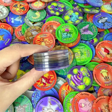 Material acrílico tazos pokemon 1a edição ash ketchum starter pokemon torneiras coleção cartão acrílico pikachu trainer redondo pogs