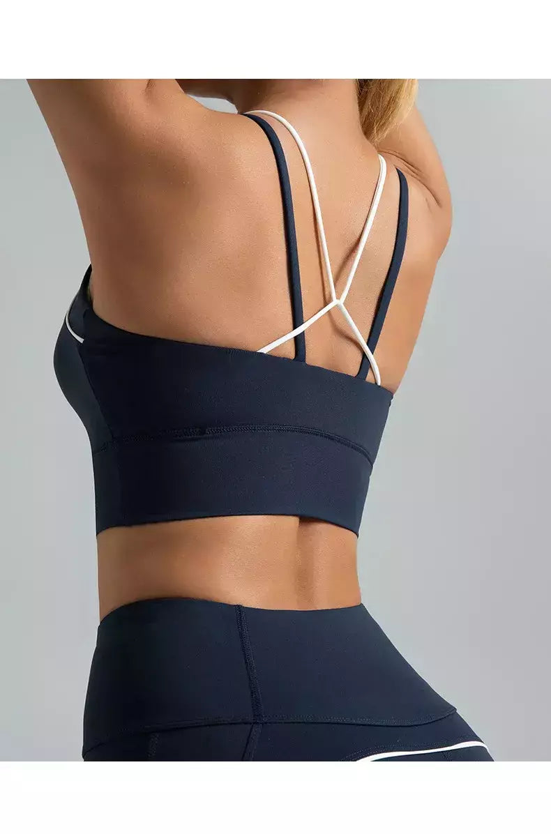 PINGNIAO-Calças e Sutiã Yoga de Cintura Alta para Mulheres, Alça Cruzada, Terno Esportivo, Fitness Wear, Design De Linha