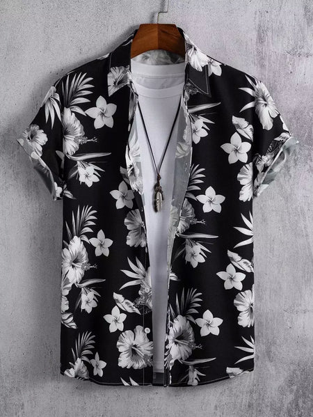 Camisa de lapela masculina de manga curta, estilo havaiano, padrão tropical de coqueiro, tops grandes, férias de verão