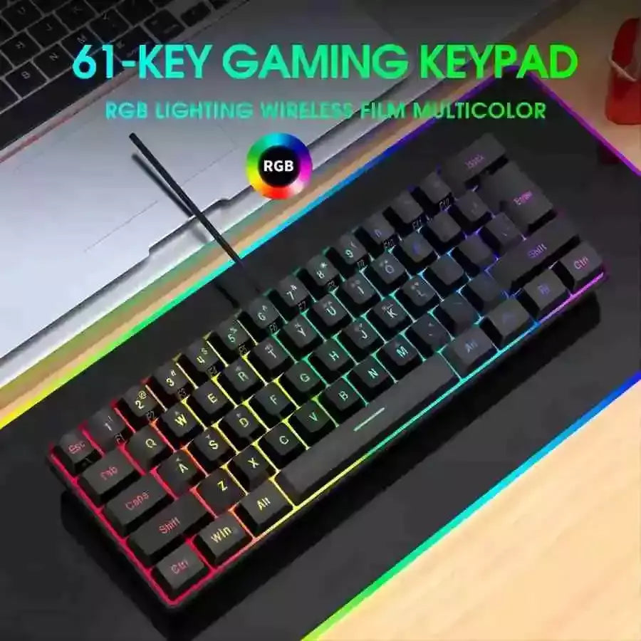 RGB Backlight Wired Mini Teclado Gaming, Ultra Compacto, Impermeável, Pequeno Compacto, 61 Teclas, Fit para PC, Mac Gamers, 60%