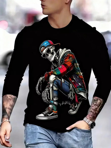 Crânio masculino gráfico t-shirts manga longa esqueleto impressão 3d rua homem t camisa outono o-pescoço casual y2k topo roupas masculinas de grandes dimensões