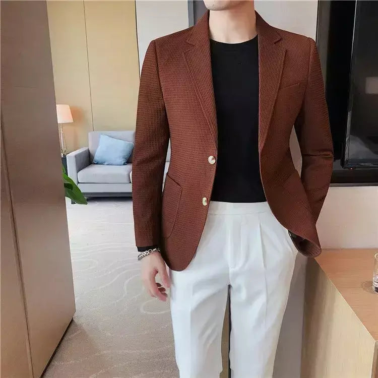 Ternos e blazers brancos masculinos, roupas estilo coreano, casacos com seios simples, jaquetas, jaqueta de waffle masculina, roupas