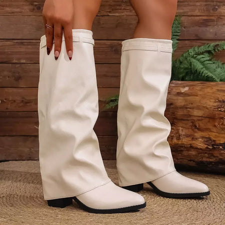 Moda plissada bota de salto alto outono novo tamanho grande estilo britânico calças de tubo alto bota feminina transfronteiriça lindamente
