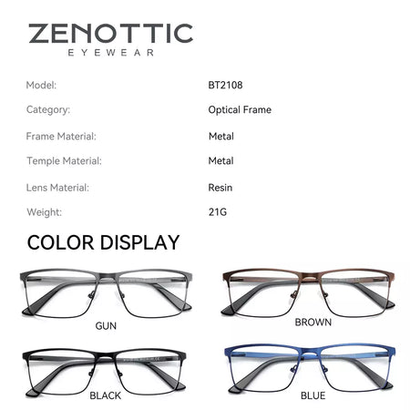 ZENOTTIC 2024 Liga dos homens Titanium Ótico Eyeglass Frame Moda Homens Quadrados Óculos Ultra Light Metal Clássico Sobre o balcão Óculos BT2108