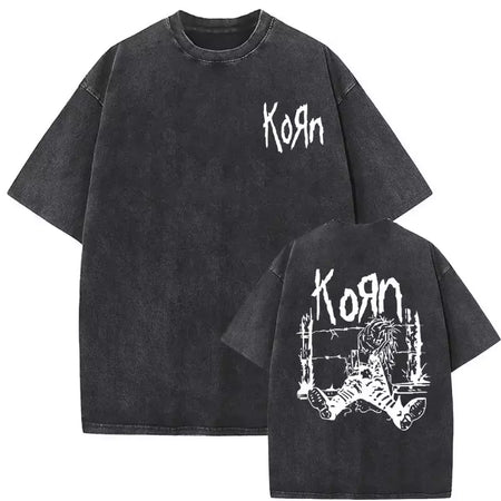 Camisetas com estampa de esqueleto masculinas, banda de rock vintage lavada, Korn caindo longe de mim, camiseta gótica, camiseta masculina extragrande, moda